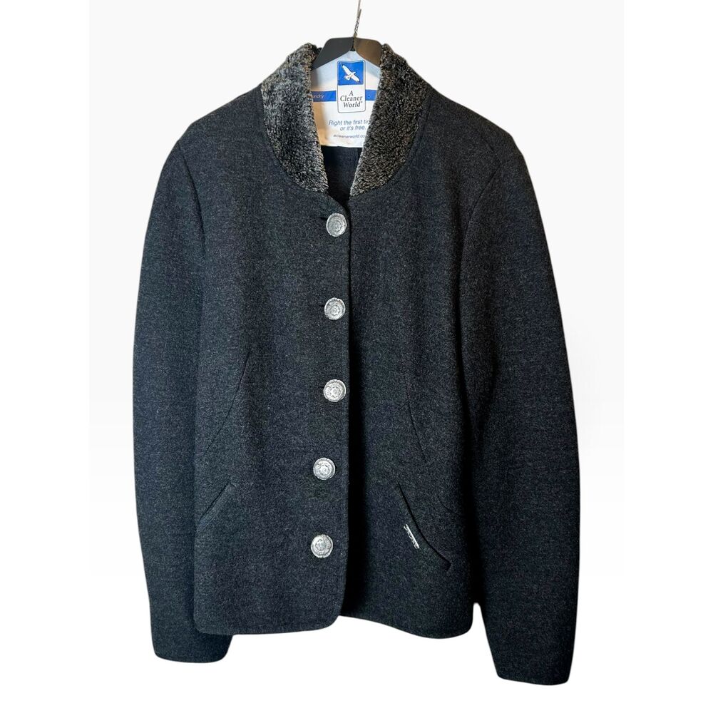 Geiger Collections Austria Boiled Wool Jacket Gray Metal Crest Buttons Size 42